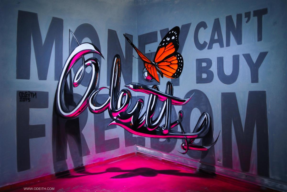 anamorfní chromová písmena odeith MONEY CANT KOUPIT SVOBODU 2015