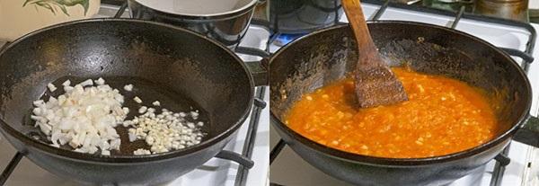 sofreír las cebollas y añadir los tomates