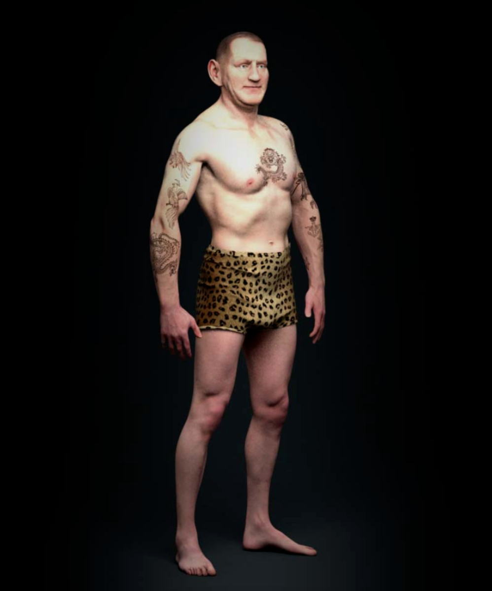 3D rekreace kolekce tetování krále Fredericka IX. A ano, opravdu vlastnil příjemné spodní prádlo s leopardím potiskem, jako na obrázku.