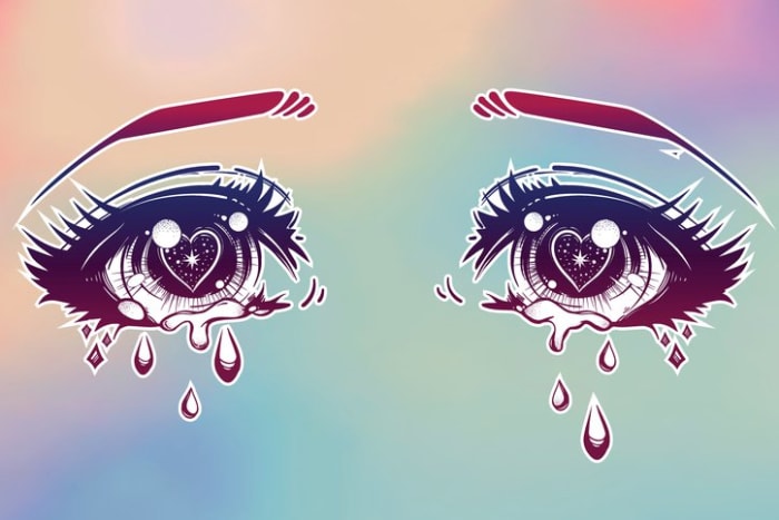 بكاء عيون جميلة بأسلوب الأنيمي أو المانجا مع الدموع وانعكاسات الضوء. التوضيح النواقل مفصلة للغاية. التعبير العاطفي ، الحزن ، فن الوشم. طباعة عصرية.
