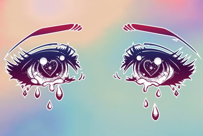 Weinende schöne Augen im Anime- oder Manga-Stil mit Tränen und Lichtreflexen. Sehr detaillierte Vektorillustration. Emotionaler Ausdruck, Traurigkeit, Tattoo-Kunst. Trendiger Druck.