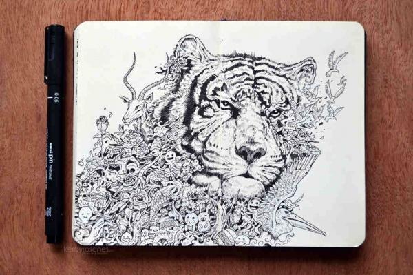 White Tiger (Hergestellt mit Uni Pin Finelinern)