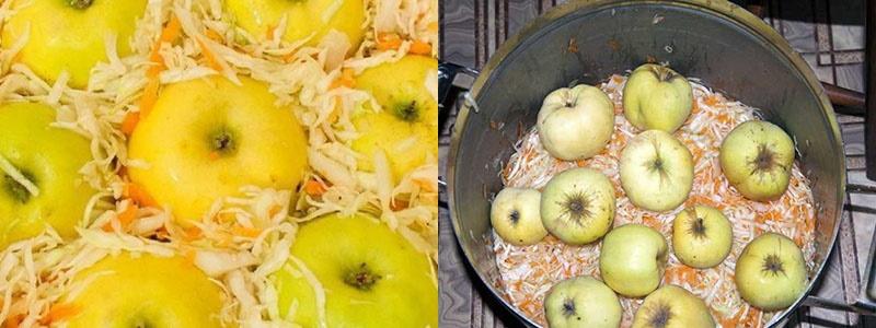apilando manzanas y repollo