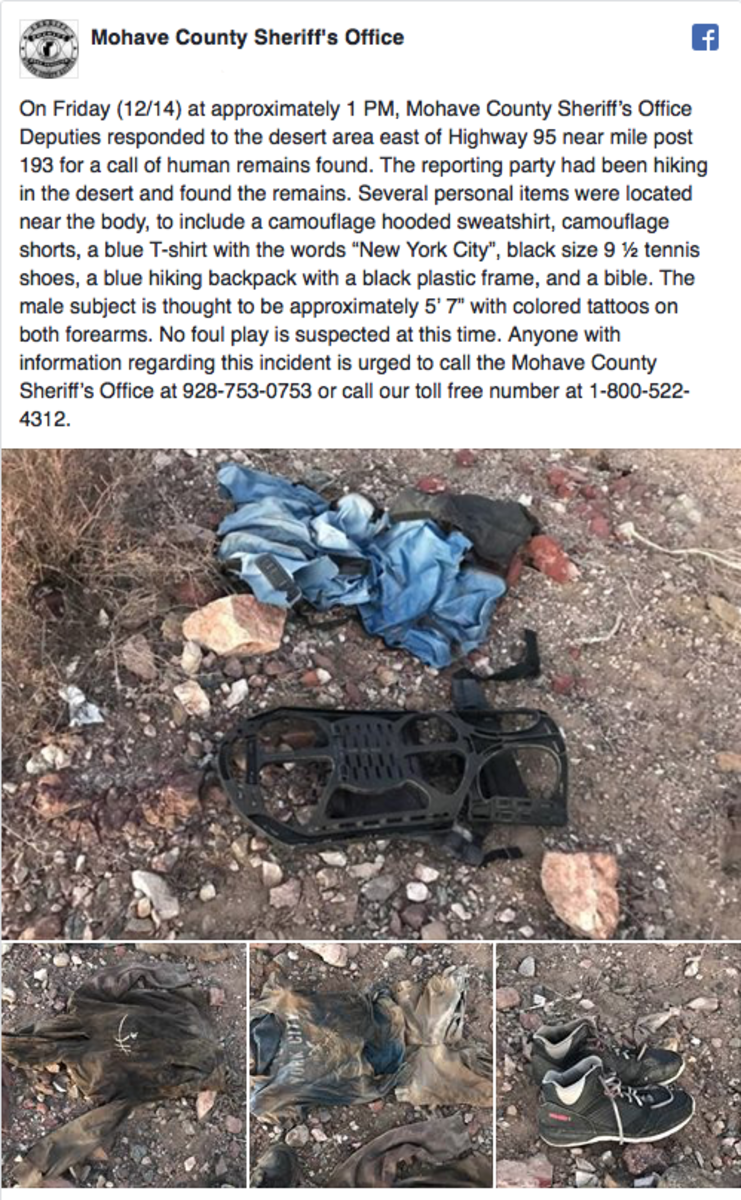 Lake Havasu City, Lake Havasu, arizonská poušť, Mohave County Sheriff, Mohave County, Tattoos Remain on Decomposed Body, Decomposed Body Found in Arizona Desert, Decomposed Body Found in Desert, tattoo pozůstatky, tetování po smrti, Mohave County Medical Examiner, Hwy 95 Mile Post 193, zločin v Arizoně