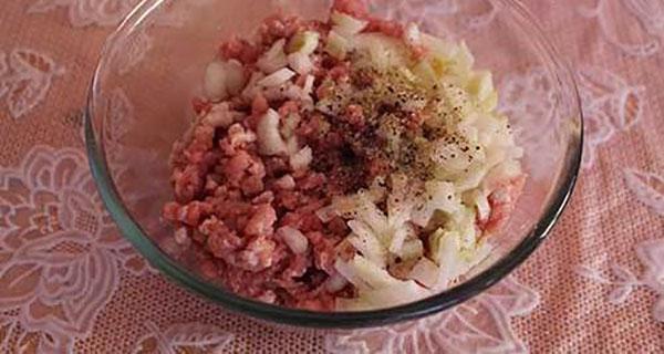 mélanger la viande hachée avec les oignons et les épices