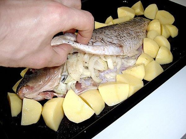 poner pescado y verduras en una bandeja para hornear