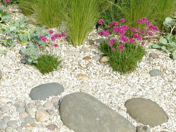 cubriendo macizos de flores con piedras