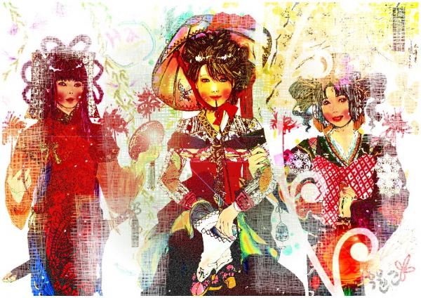ČÍNA-KOREA-JAPONSKO SangSangova interpretace tří dam ze tří různých zemí. Vytvořeno pomocí akvarelu, fixy a upraveno ve Photoshopu. (Vlevo-vpravo: Čína, Korea a Japonsko)