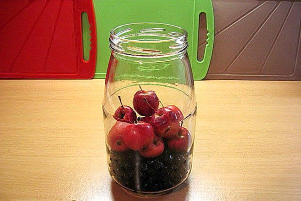 poner chokeberry y manzanas en un frasco