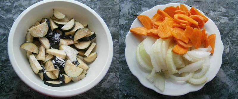 preparar berenjenas, zanahorias y cebollas