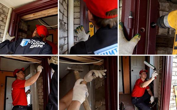 instalación de una puerta de entrada en una casa de ladrillo