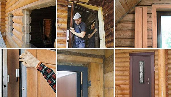 Etapas de la instalación de una puerta en una casa de madera.