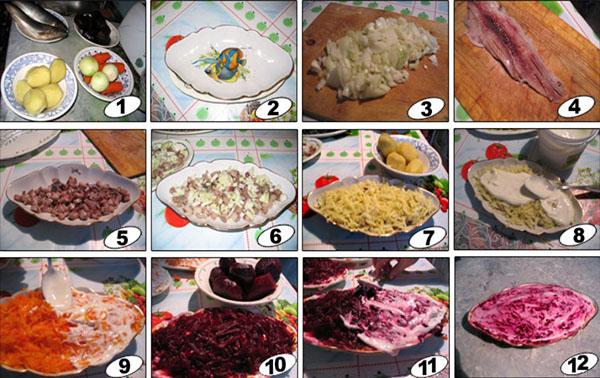 el proceso de cocinar arenque debajo de un abrigo de piel con manzanas