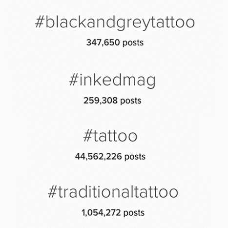 HASHTAG: Dies ist der einfachste Weg für Leute, bestimmte Tattoos oder Personen zu finden. Einige Künstler erstellen gerne ihren eigenen Hashtag für ihre Kunden.