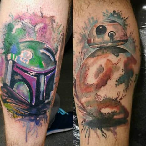 Ich liebe den Aquarelljob auf BB-8 hier von Paul Naylor. Der Grund, warum ich den tätowierten Boba Fett Naylor hinzufüge, ist das Wunschdenken, dass der Kopfgeldjäger zurückkehren wird.