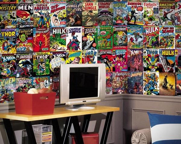 Komiksově vyzdobená zeď ložnice superhrdiny