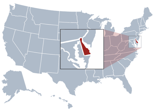 Delaware, město Wilmington, obdrželo pochybné vyznamenání, že ho Newsweek nazývá „Murder Town USA“. Míra násilné kriminality (na stupnici od 1 do 100) je 94 a kriminalita majetkové 66!