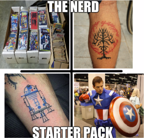 Nerdige Jungs lieben Tattoos, besonders wenn sie ihren Lieblingsroman, -film, -fernsehsendung, -comicserie, Anime oder Videospiel darstellen. Der Nerd kennt sein Fandom durch und durch – er wird sogar gegen dich kämpfen. Wenn der Nerd nicht im Tattoo-Shop ist, kann man ihn beim Cosplay antreffen, sich seine Lieblingsfilme ansehen und Erinnerungsstücke sammeln.