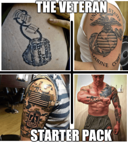 Nakonec jsme veterána z našeho seznamu nemohli zanedbat. Tento člověk je věrným zákazníkem tetování, ale k naší zemi byl ještě loajálnější. Veterán vzdává poctu své službě tetováním, které představuje pobočku armády, ve které sloužil, a zkušenosti, které měl při nasazení. Když veterán není v obchodě s tetováním, může být nalezen, jak vydělává na vysoké škole, přechází do pracovní síly a tráví čas se svou rodinou na základně.