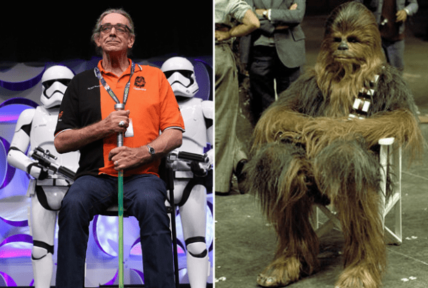 Foto über PinterestDavid Prowse war Lucas' erste Wahl für Chewbacca, Prowse lehnte jedoch ab, fragte aber, ob er Darth Vader sein könnte. Lucas stimmte zu und suchte den 7'3' Peter Mayhew auf, der zu dieser Zeit in einem Krankenhaus arbeitete.