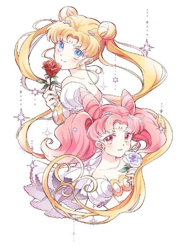 Umění Usagi a Chibiusa od umělce Pixiv od IKU ♥ 1539. Obě postavy vypadají nádherně a vzájemně se doplňují svými propletenými vlasy, čímž vytvářejí rámeček i pro kresbu.