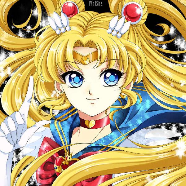 Eine Manga-artige Darstellung von Sailor Moon vom Künstler lValShe. Sailor Moon hier ist in ihrer Super Sailor Moon-Form und posiert selbstbewusst, bevor sie in den Kampf eintritt.