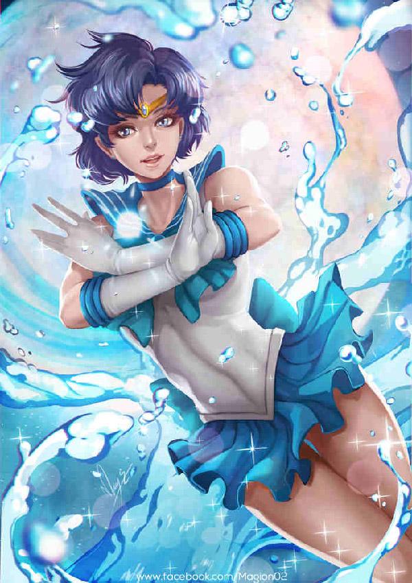 Sailor Mercury art od magion02. Jeden z Sailor Guardians, Sailor Mercury ovládá vodní prvek a je mozkem skupiny po většinu času.