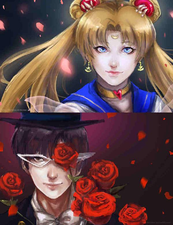 Die Künstlerin von darkshia sieht aus wie Liebhaber mit Sternenkreuzung und hat sehr gute Arbeit geleistet, indem sie die Rosenblätter von Tuxedo Mask mit Sailor Moon verbunden hat. Andererseits repräsentieren die unterschiedlichen Farben der Rosenblätter die Persönlichkeit jedes einzelnen.