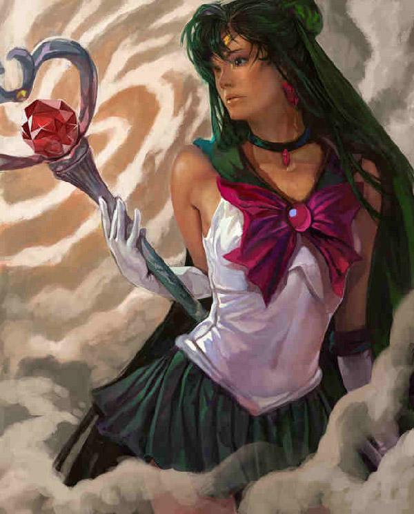 Der Künstler k-BOSE hat Sailor Pluto in dieser Kunst einen ziemlich ausgereiften Look gegeben. Die gebräunte Haut und die reifen Gesichtszüge erwecken den Eindruck, dass der Seemann Saturn weiß, wie man das Böse bekämpft und trotzdem ein Supermodel wie Körper pflegt.