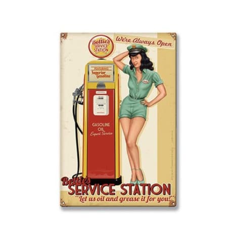 8 Bettie Page™ Tankstellen-Metallschild von Retro-A-Go-Go!