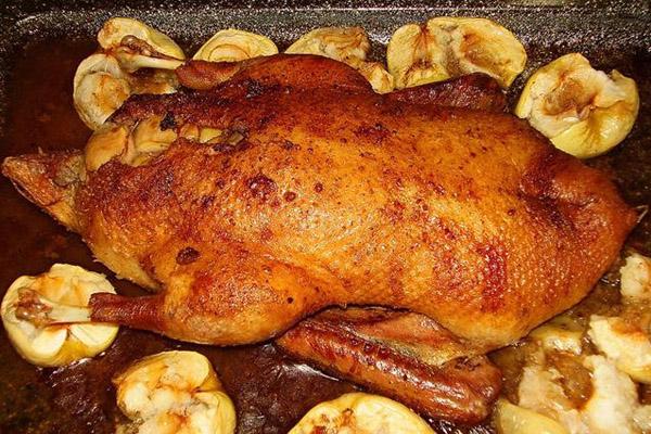 Pato jugoso fragante con manzanas en el horno