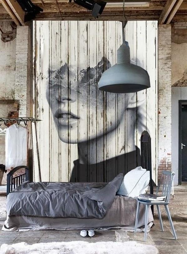 Holzwand mit inspirierendem abstraktem Porträt