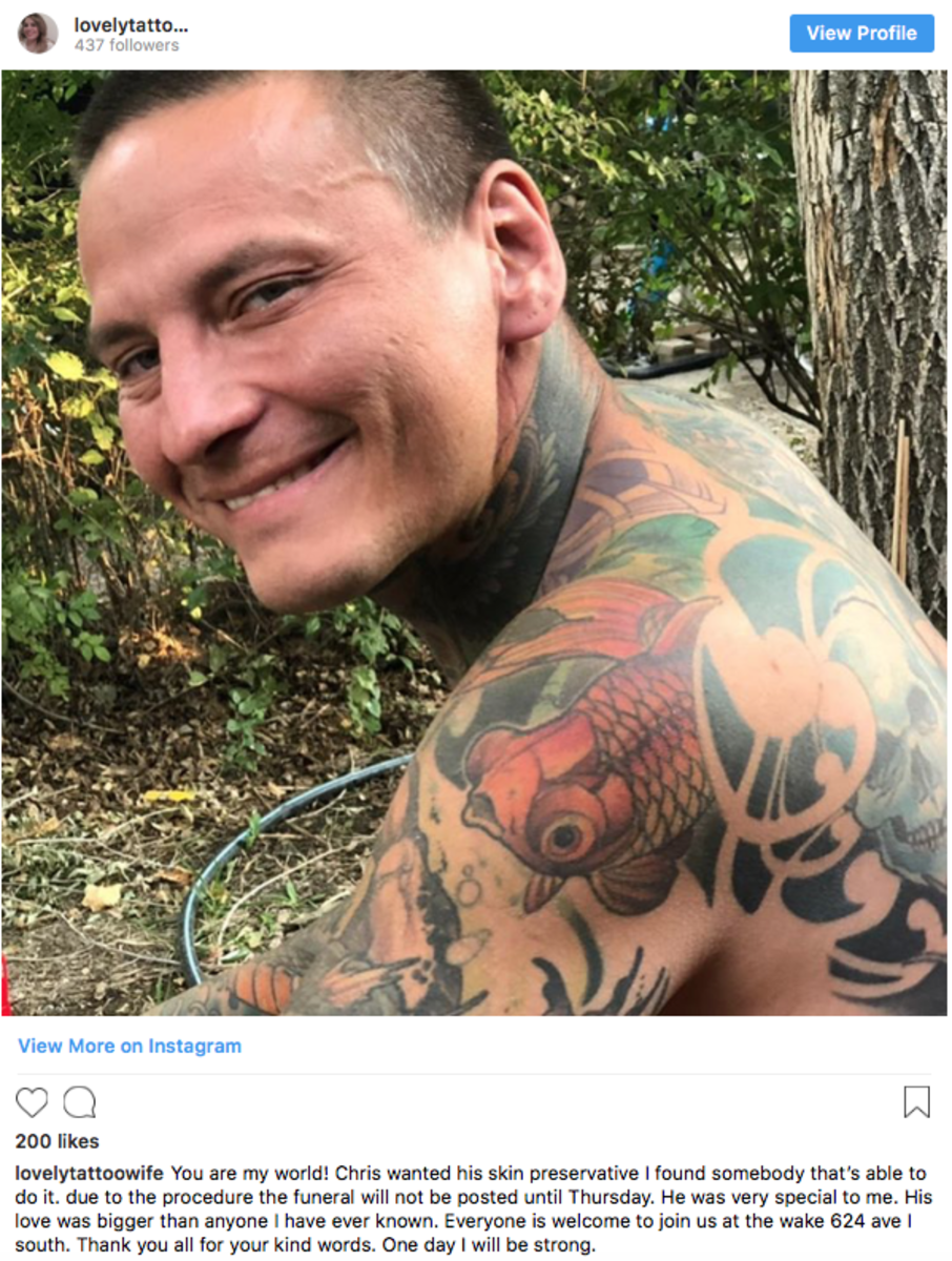 Chris Wenzel, elektrické podzemní tetování, Save My Ink Forever, uchovávání tetování, cheryl wenzel, manželka sundává manželovi kůži, aby zachovala tělový inkoust