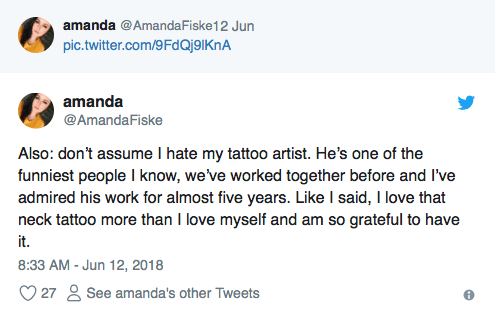 Fiske nutzte Twitter, um sich und ihren Künstler zu verteidigen. Trotz allem Hass und Kritik liebt Fiske ihr Tattoo und ihren Künstler immer noch und ist mit Humor an die ganze Situation herangegangen. „Das ist nicht gerade das Vermächtnis, auf das ich gehofft habe, aber es ist definitiv lustig. Ich interessiere mich überhaupt nicht für Sport, also ist es lustig, dass Baseball-Twitter und Sport-Twitter auf mich losgehen“, sagte Fiske gegenüber Vice. „Es ist auf jeden Fall interessant, manche Leute lieben es, manche hassen es, es ist lustig, durch alles zu scrollen.“